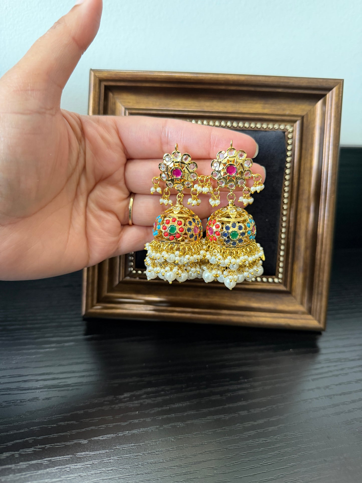 Sandeep One Gram Gold Plated Jadau Earrings (Multi)