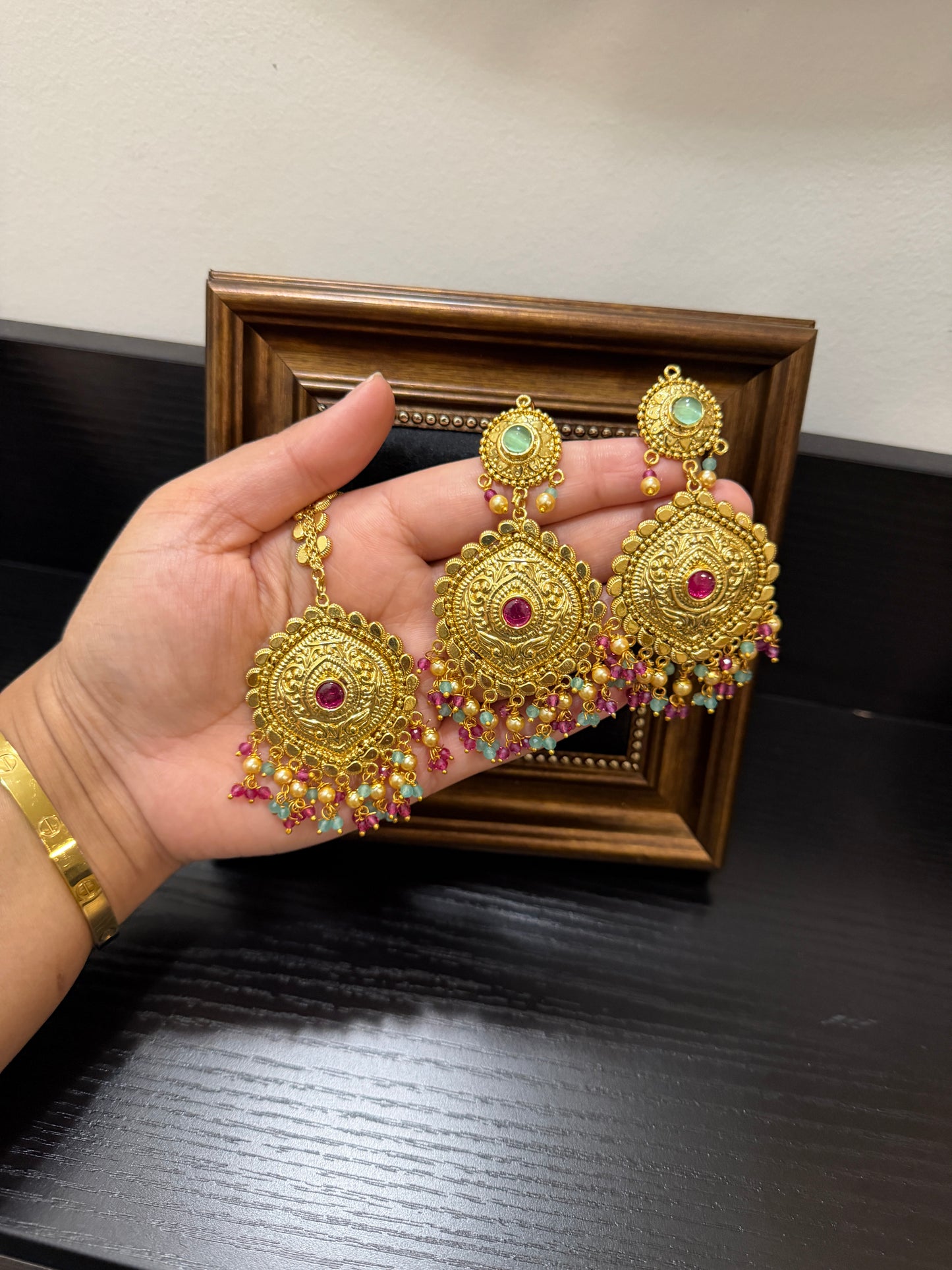 Manvir Real Look Earrings Tikka Set (Ruby& Ferozi)