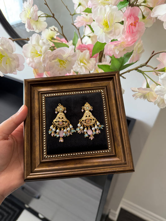 Simranjit One Gram Gold Plated Jadau Earrings (Pink & Ferozi)