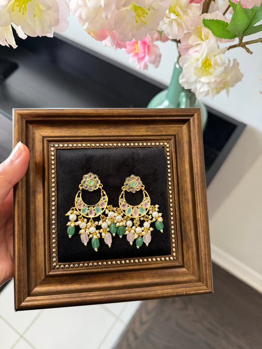 Japneet One Gram Gold Plated Jadau Earrings (Baby Pink & Teal)