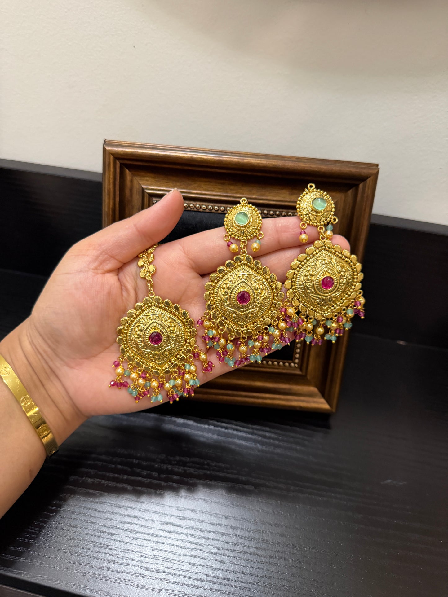 Manvir Real Look Earrings Tikka Set (Ruby& Ferozi)