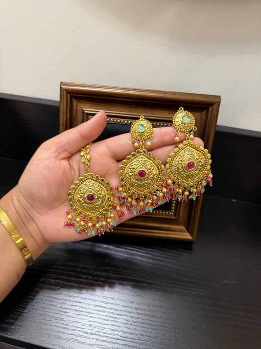 Manvir Real Look Earrings Tikka Set (Ruby& Ferozi)