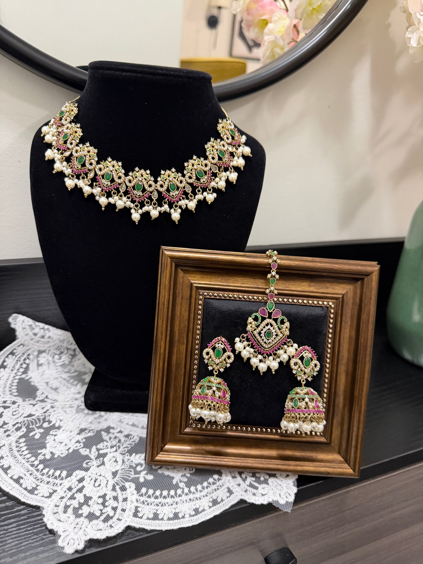 Jyot Statement Jadau Set (Ruby and Green)
