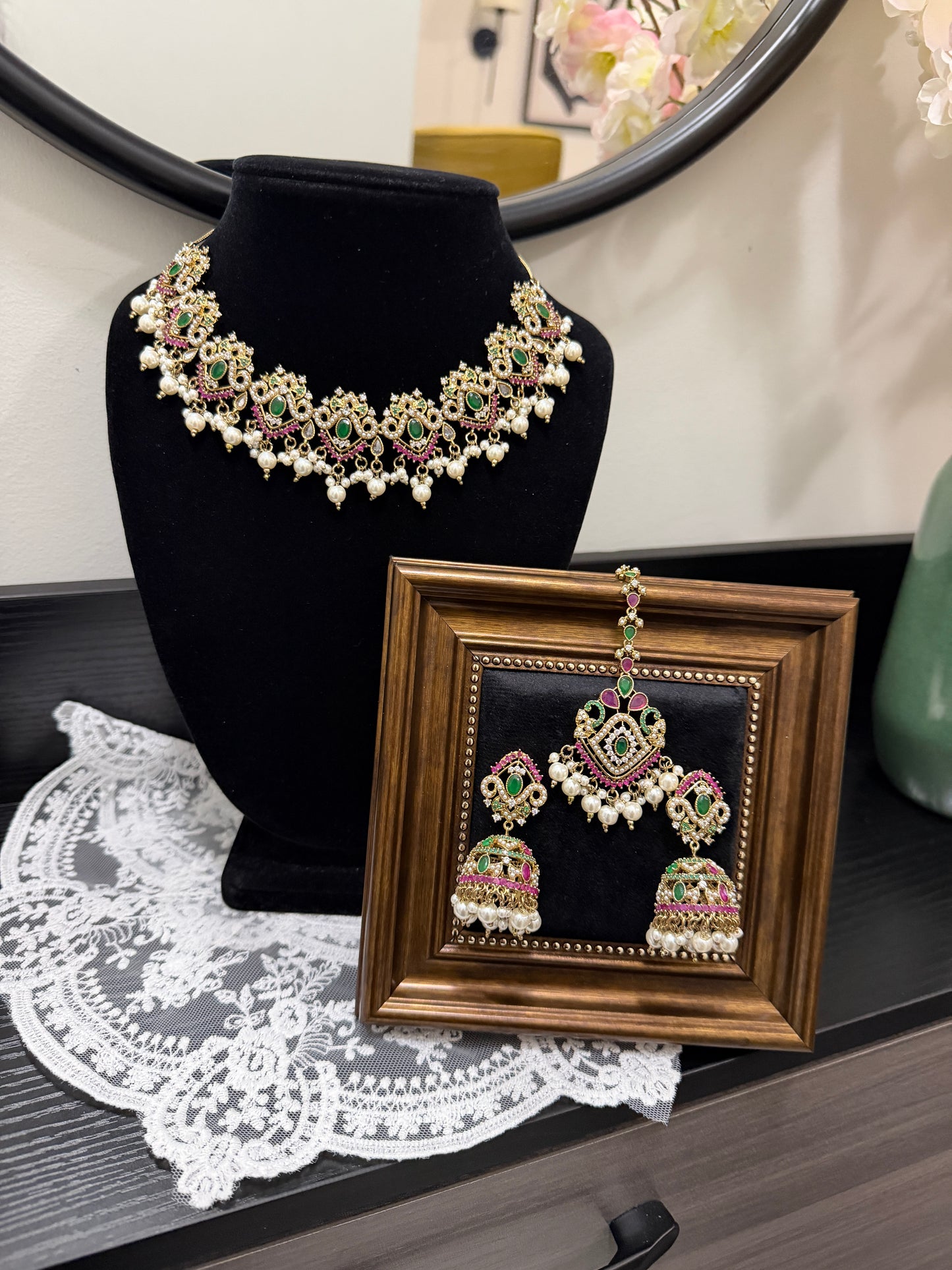 Jyot Statement Jadau Set (Ruby and Green)