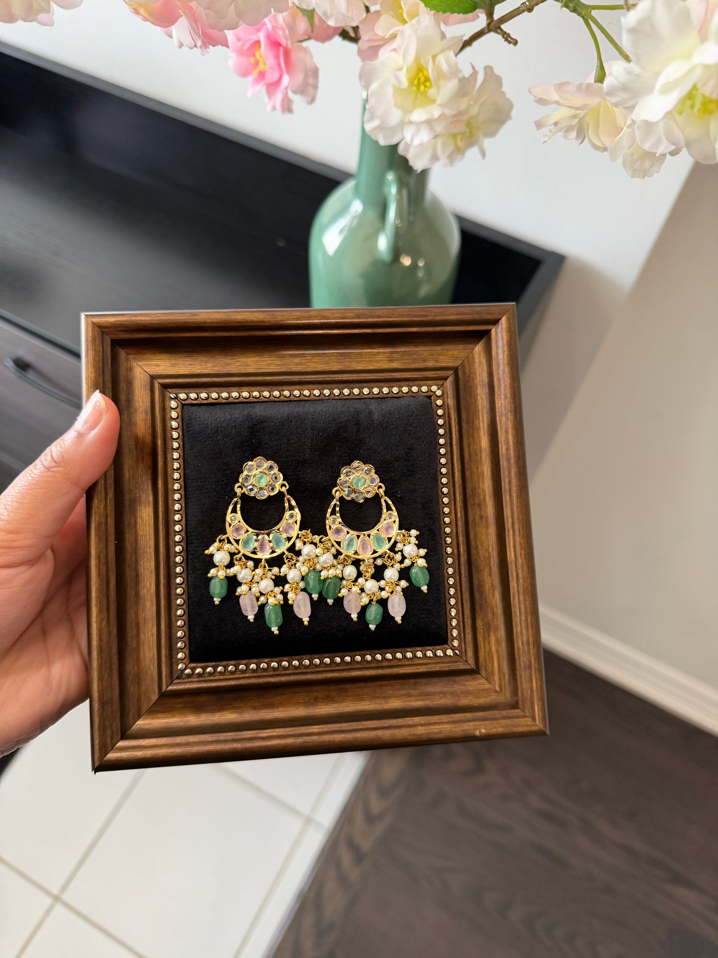 Japneet One Gram Gold Plated Jadau Earrings (Baby Pink & Teal)