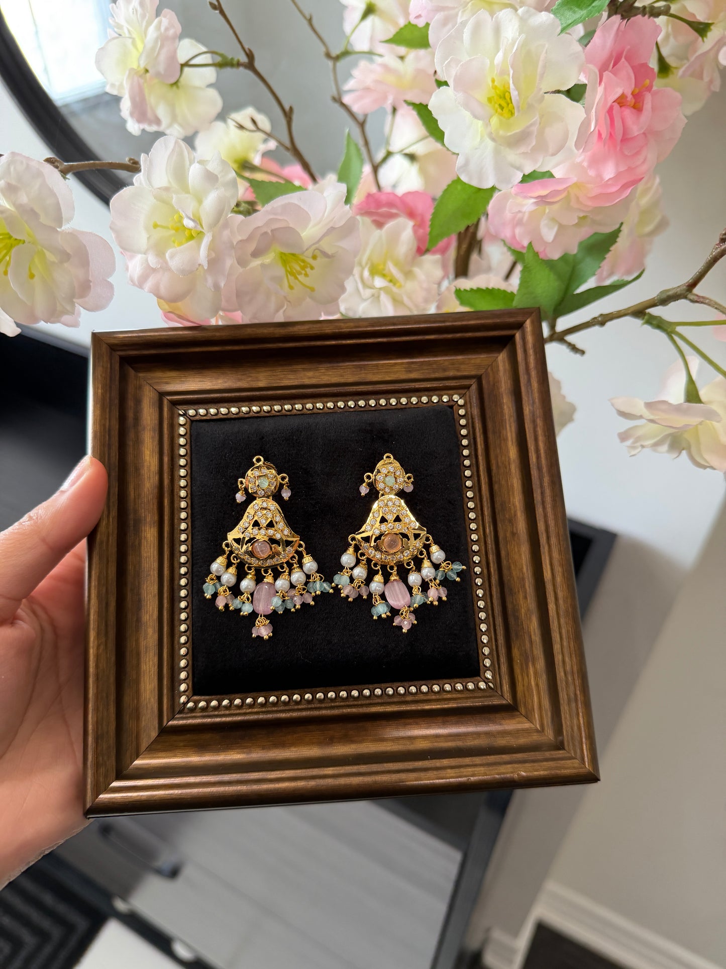 Simranjit One Gram Gold Plated Jadau Earrings (Pink & Ferozi)