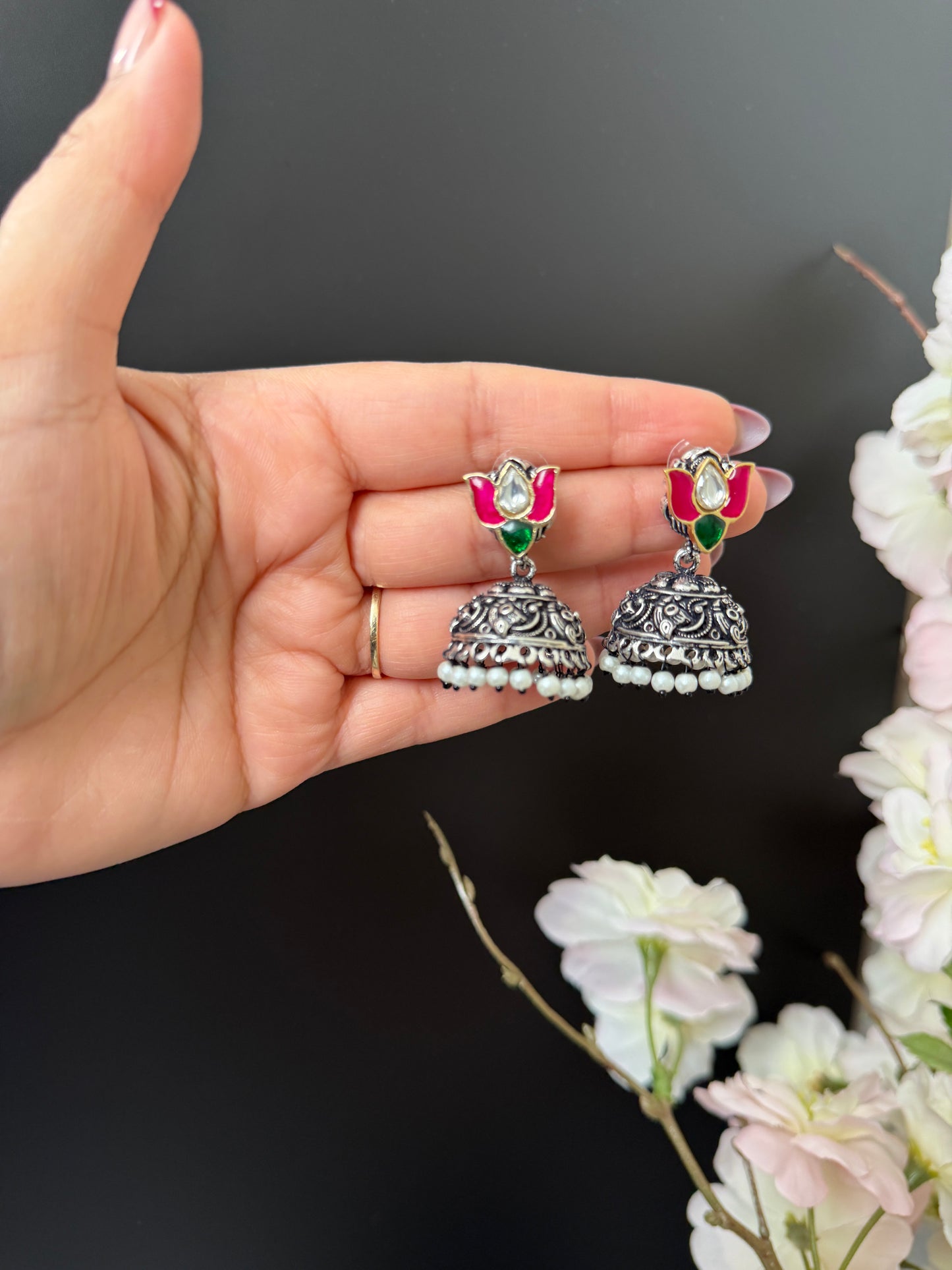 Joti German Silver Kundan Jhumki