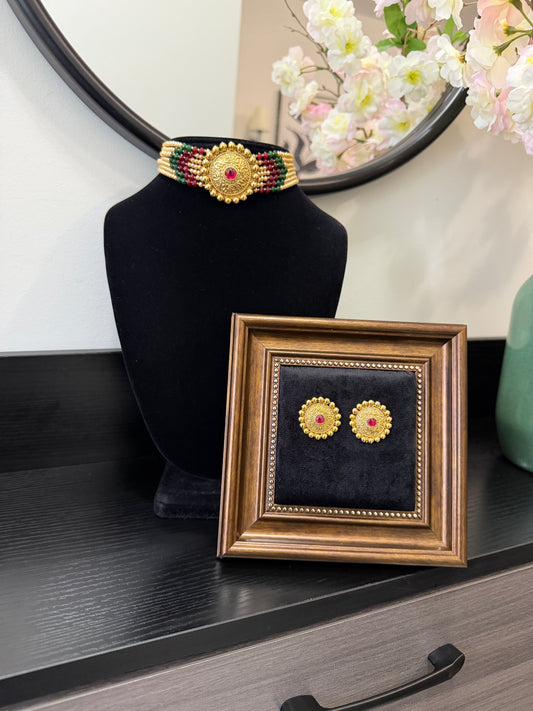 Amni Gold Plated Choker Set (Ruby&Green)