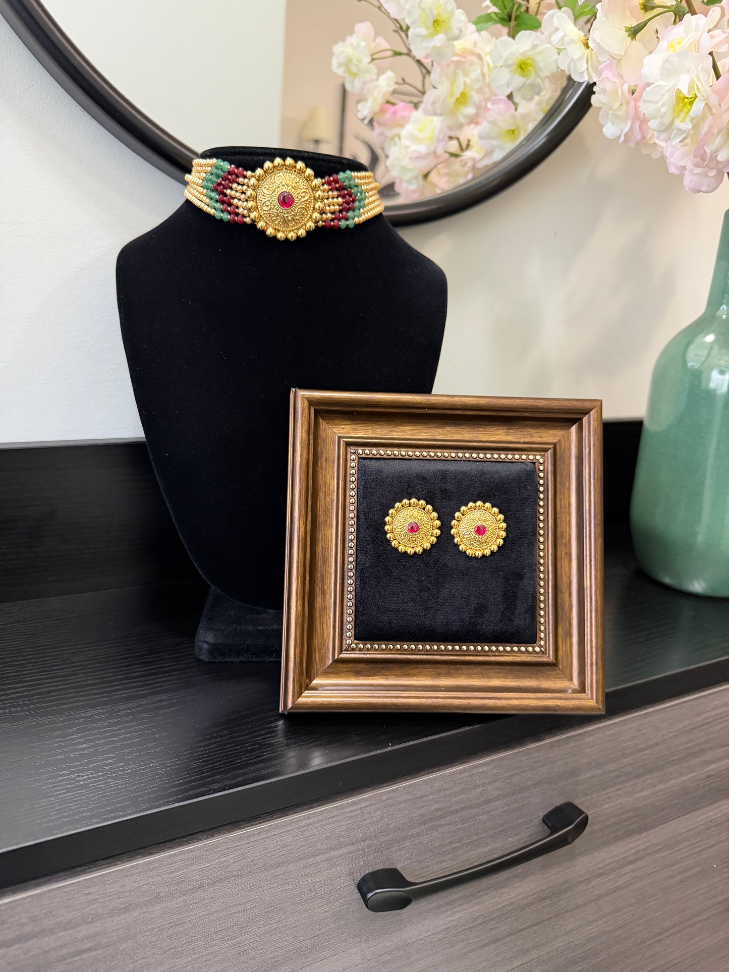 Amni Gold Plated Choker Set (Ruby&Mint)