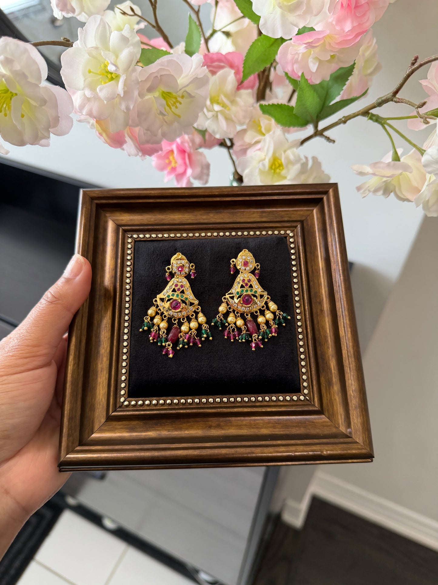 Simranjit One Gram Gold Plated Jadau Earrings (Ruby&Green)