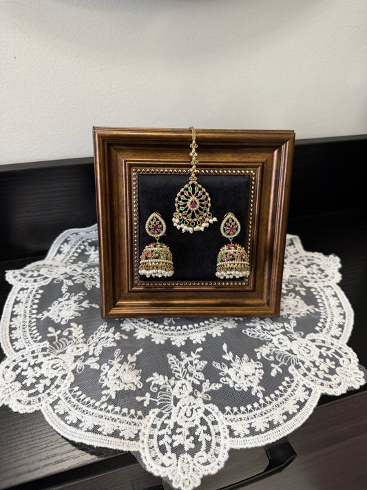 Mahira Jadau Jhumki Tikka Set (Ruby and Green)