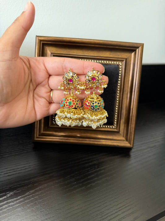 Sandeep One Gram Gold Plated Jadau Earrings (Multi)