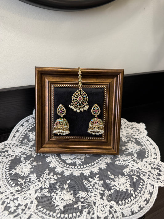 Mahira Jadau Jhumki Tikka Set (Mutli Colour )