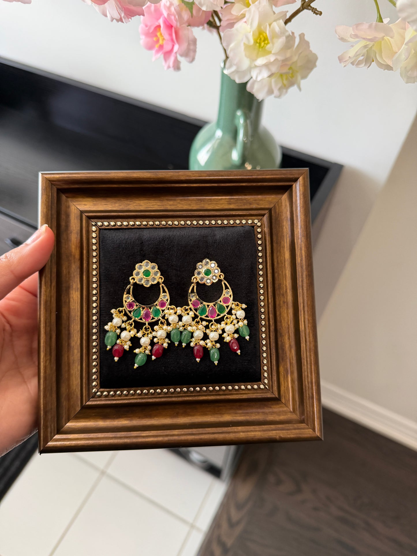 Japneet One Gram Gold Plated Jadau Earrings (Ruby&Green)